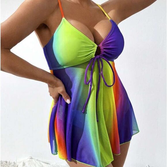 Y2K Rainbow Ombre Mermaidcore Cosplay Drawstring Bikini Cami Swimsuit Set - Picture 3 of 11